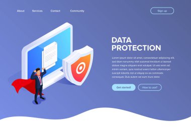 Düz izometrik veritabanı koruma kavramı. Dosyaları veya fotoğrafları Masaüstü PC korumak. Web afiş, infographics, kahraman görüntüleri için kullanabilirsiniz.