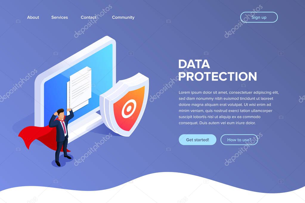 Flat Isometric database protection concept. Protect your files or photos on your desktop PC. Can use for web banner, infographics, hero images.