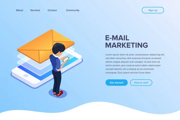 Concetto di email marketing isometrico. Invio di email utilizzando un telefono cellulare o una versione web del tuo sito. Può utilizzare per banner web, infografiche, immagini di eroi . — Vettoriale Stock