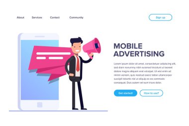 Düz mobil reklam kavramı. Bir cep telefonu arka plan üzerinde bir hoparlör ile işadamı veya Yöneticisi duruyor. Web afiş, infographics, kahraman görüntüleri için kullanabilirsiniz.