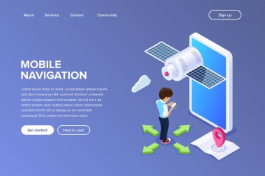İzometrik düz mobil navigasyon kavramı. kişi cep telefonu yolunu açmak için kullanır. Uydu dev smartphone arka plan üzerinde. Kart bir iğne ile. Web afiş, infographics, kahraman görüntüleri için kullanabilirsiniz.