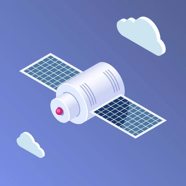 Isometric flat Satellite icon. Spacecraft or apparatus to maintain communication and communications. Can use for web banner, infographics, promotion. — Stock Vector