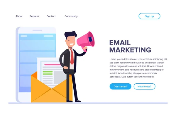 Platte e-mail marketingconcept. Ondernemer of manager spreekt in Megafoon tegen de achtergrond van een open mail envelop en mobiele telefoon. Kunt gebruiken voor webbanner, infographics, held beelden. — Stockvector