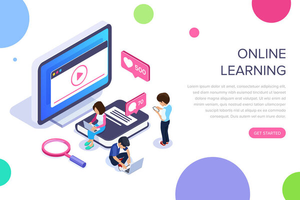 Isometric online learning concept. Video tutorials on the screen of a computer or phone. People on the background of the monitor and a large book. Can use for web banner, infographics, hero images.