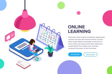 İzometrik online öğrenme kavramı. Kadın bir dizüstü bilgisayar ile ilgili büyük bir kitap yeni bilgi alır. Büyük lamba. Web afiş, infographics, kahraman görüntüleri için kullanabilirsiniz.