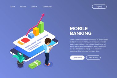 İzometrik mobil bankacılık kavramı. Adam mali işlemlerin Internet üzerinden bir taşınabilir aygıt kullanarak gerçekleştirir. Büyüme döviz kuru. Web afiş, infographics, kahraman görüntüleri için kullanabilirsiniz.