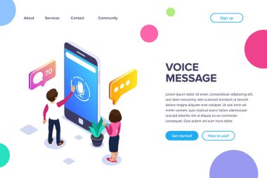 İzometrik sesli mesaj kavramı. Sesli mesaj alışverişi için telefonunuzu kullanabilirsiniz. İnsanlar modern teknoloji kullanarak iletişim kurar. Web afiş, infographics, kahraman görüntüleri için kullanabilirsiniz.