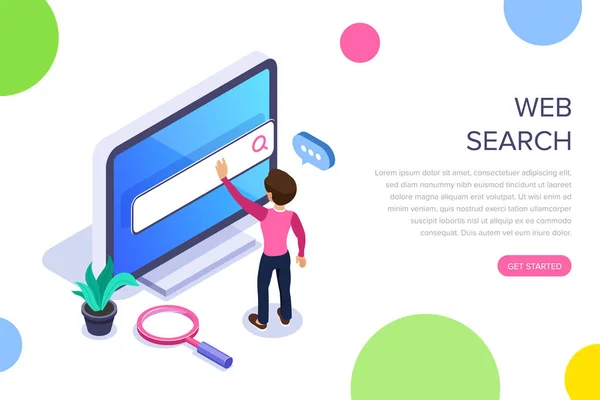 Isometric web search concept. People uses the search bar on the computer screen. Search for information on the Internet. Can use for web banner, infographics, hero images. — Stock Vector