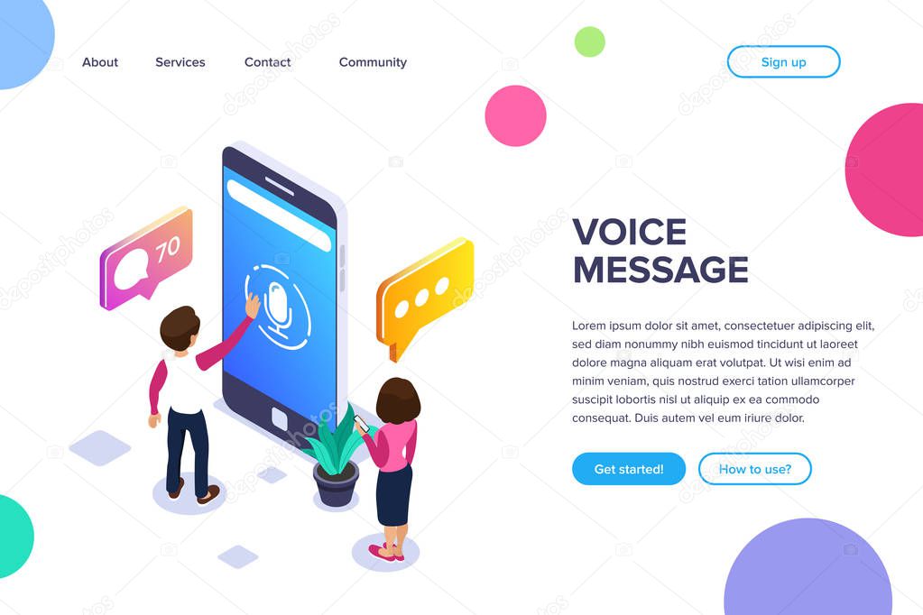 Isometric voice message concept. Use your phone to exchange voice messages. People communicate using modern technology. Can use for web banner, infographics, hero images.