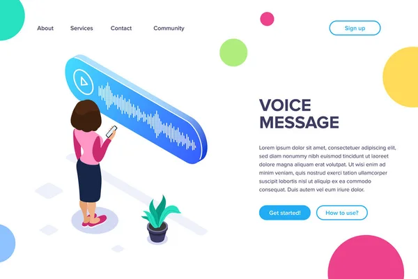 Isometric voice message concept. Woman listens to a voice message received on a mobile phone. The use of modern technology. Can use for web banner, infographics, hero images. — Stock Vector