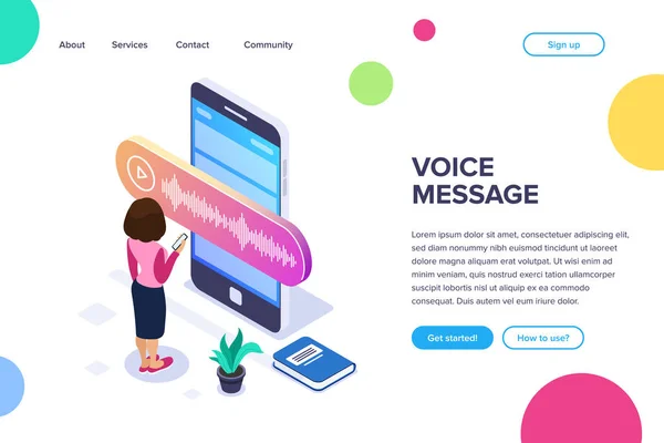 Isometric voice message concept. Person records or listens to a voice message using a large phone. Books and plant as background. Can use for web banner, infographics, hero images.