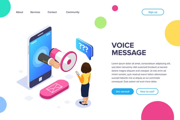 Isometric voice message concept. Megaphone in hand. A woman listens to a voice message on the phone. Email button. Can use for web banner, infographics, hero images. — Stock Vector