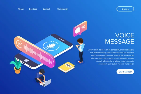 Isometrisk röst meddelande koncept. Lyssnar på ljudmeddelanden med en mobiltelefon eller bärbar dator. Kan använda för web banner, infographics, hjälte bilder. — Stock vektor