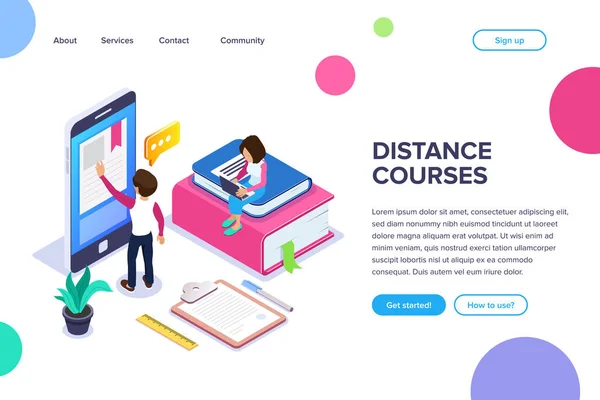 İzometrik online öğrenme ya da mesafe içerisinde kavram. Öğrenci ders kitabı cep telefonu aracılığıyla okur. Dizüstü bilgisayar ile kız kitap yığını üzerinde oturuyor. Web afiş, infographics, kahraman görüntüleri için kullanabilirsiniz.