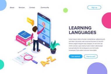 İzometrik dil kavram öğrenme. Kişi Internet üzerinden yabancı dil telefonda video eğitimlerini görüntüleyerek öğrenir. Yığın kitap, sözlük. Web afiş, infographics, kahraman görüntüleri için kullanabilirsiniz.