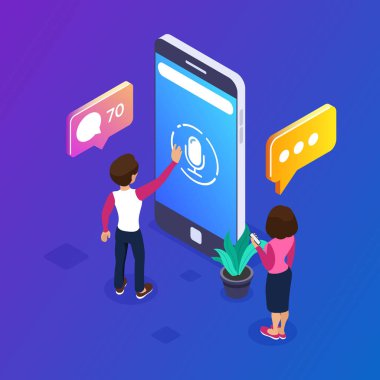 3D izometrik sesli mesaj kavramı. Sesli mesaj alışverişi için telefonunuzu kullanabilirsiniz. İnsanlar modern teknoloji kullanarak iletişim kurar. Web afiş, infographics, kahraman görüntüleri için kullanabilirsiniz