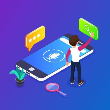 3D izometrik sesli arama kavramı. sesli bilgi için arayın. Sesli komutları veya ses yardımcı içinde hareket eden telefon. Web afiş, infographics, kahraman görüntüleri için kullanabilirsiniz
