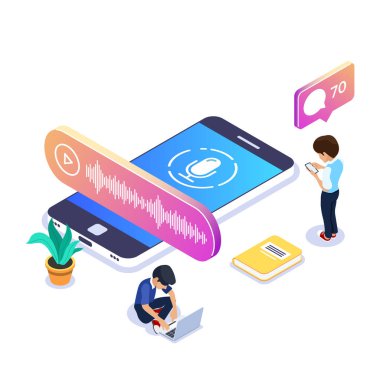 3D izometrik sesli mesaj kavramı. İnsanlar bir cep telefonu veya dizüstü bilgisayar kullanarak sesli mesaj dinle. Web afiş, infographics, kahraman görüntüleri için kullanabilirsiniz. İzole