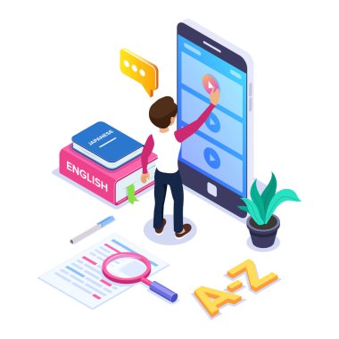 3d izometrik dil kavram öğrenme. Kişi Internet üzerinden yabancı dil telefonda video eğitimlerini görüntüleyerek öğrenir. Yığın kitap, sözlük. Web banner, infographics için kullanabilirsiniz. İzole