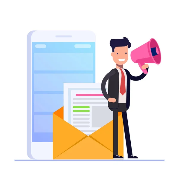 Concept plat d'email marketing. Homme d'affaires ou gestionnaire parle en mégaphone dans le contexte d'une enveloppe de courrier ouvert et téléphone mobile. Peut utiliser pour la bannière Web, infographies, images de héros. Isolé — Image vectorielle