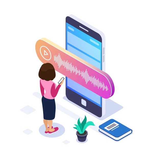 3d Isometric voice message concept. Person records or listens to a voice message using a large phone. Books and plant as background. Can use for web banner, infographics, hero images. Isolated — Stock Vector