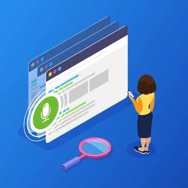 3D izometrik sesli arama kavramı. Web sitesinde ses aramak için telefonu kullanma. Bir mobil cihaz üzerinden ses girişini ile etkileşim. Web afiş, infographics, kahraman görüntüleri için kullanabilirsiniz
