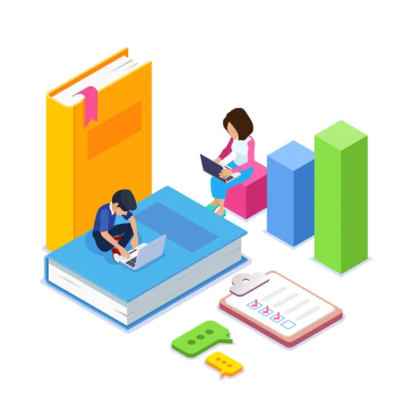 3d Isometric apprentissage en ligne ou concept de cours. Les élèves ou les écoliers acquièrent des connaissances par Internet à l'aide d'ordinateurs portables. De gros livres. Peut utiliser pour la bannière Web, infographies, images de héros. Isolé — Image vectorielle