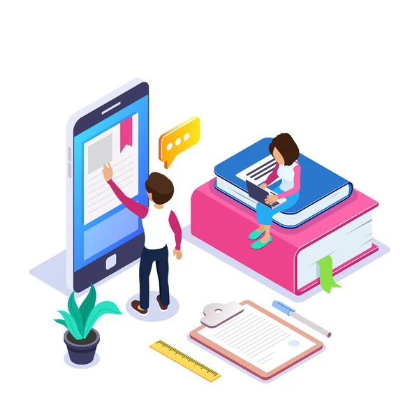 3d Isometric online learning or distance courses concept. Student reads textbook through mobile phone. Girl with laptop is sitting on stack of books. Can use for web banner, infographics. Isolated — Stock Vector