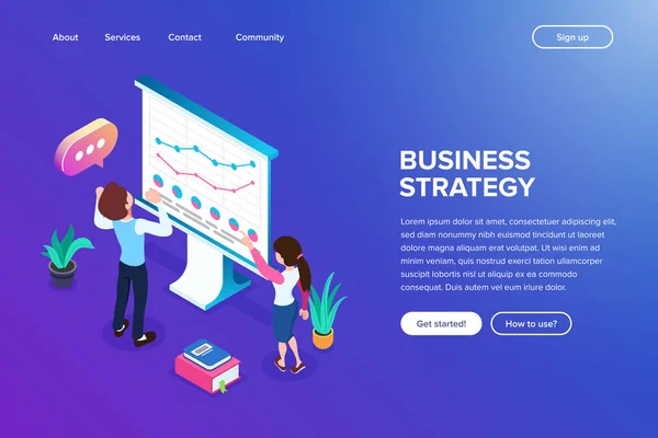Isometrisch gegroeid of zakelijke strategie concept. kantoorpersoneel staan in de buurt van de Markeringsbord Whiteboard of kantoor en geniet van groei-schema. Voor webbanner, sites, infographics, printproducten kunt gebruiken. — Stockvector