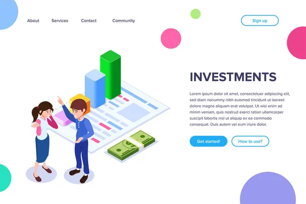 İzometrik yatırım kavramı. Adam gelir büyümesi grafiğini arka plan üzerinde yatırım yararları hakkında konuşuyor. Web afiş, siteleri, infographics, baskı ürünleri için kullanabilirsiniz. — Stok Vektör