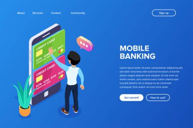 İzometrik mobil bankacılık kavramı. Fon transferi için bir cep telefonu kullanarak. Bir smartphone işlemlerde banka kartları ve hesapları ile kullanma. Satın alma veya hizmetleri ödeme.