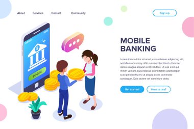 İzometrik mobil bankacılık kavramı. Fon transferi için bir cep telefonu kullanarak. Bir smartphone işlemlerde banka kartları ve hesapları ile kullanma. Satın alma veya hizmetleri ödeme.