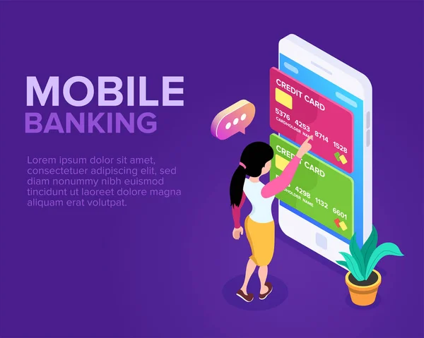 İzometrik mobil bankacılık kavramı. Fon transferi için bir cep telefonu kullanarak. Bir smartphone işlemlerde banka kartları ve hesapları ile kullanma. Satın alma veya hizmetleri ödeme. — Stok Vektör