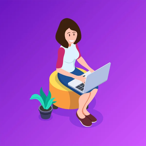 "Isometric Best Freelancers Concept". Девушка с ноутбуком сидит на мягкой мебели. Плюсы удаленной работы. Может использоваться для веб-баннера, сайтов, инфографики, печатной продукции . — стоковый вектор