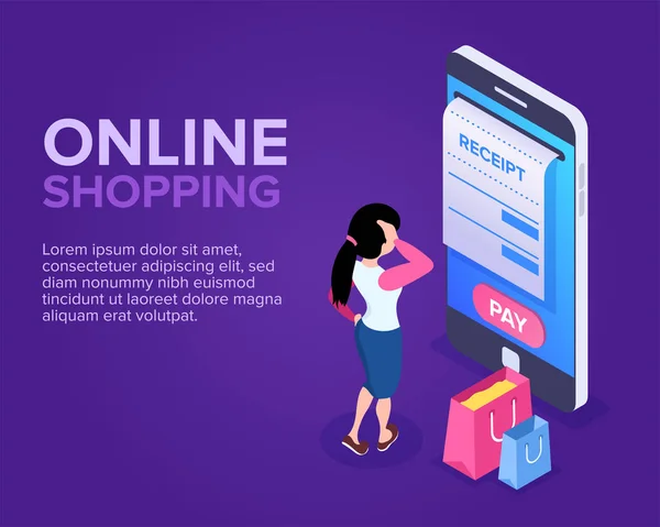 İzometrik Online alışveriş kavramı. Telefon ve emtia check yanındaki alışveriş kız. Internet üzerinden mal satışı. Web afiş, siteleri, infographics, baskı ürünleri için kullanabilirsiniz. — Stok Vektör