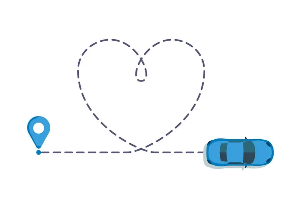 Αγάπη διαδρομή του αυτοκινήτου. Ρομαντικά ταξίδια, καρδιά διακεκομμένη γραμμή ανίχνευσης και διαδρομές. Καρδιά όχημα διαδρομή, διάστικτη αγάπη ημέρα του Αγίου Βαλεντίνου ημέρα σχέδιο απομονωμένο διανυσματικά εικονογράφηση — Διανυσματικό Αρχείο