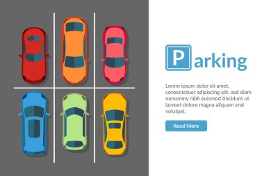 Ücretsiz araba park yeri farklı araba ile. Üstten Görünüm araç vektör çizim düz tarzı göl kenarında. Web sayfası şablonu.