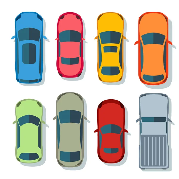 Cars top view vector flat. Vehicle transport icons set. Automobile car for transportation, auto car icon illustration isolated on whine background. — Stock Vector