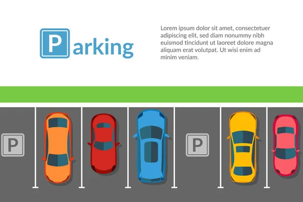 Coches aparcamiento gratuito vista superior vector plano. Conjunto de transporte de vehículos. Plantilla página web . — Vector de stock