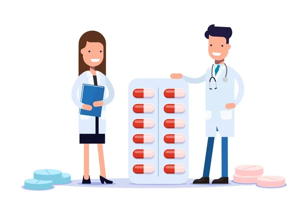 Artsen Man en vrouw staan in de buurt van medicijnen, drugs. Goede lachende arts. Tabletten voor patiënten. Platte vectorillustratie. — Stockvector