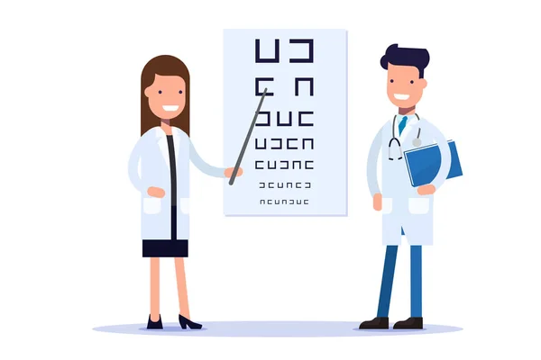 Good doctors, an oculist or an ophthalmologist. A doctor with a pointer points to a poster for an eye examination. Cartoon flat vector illustration. — Stock Vector