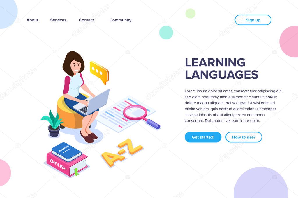 Isometric learning language concept. Studying of foreign language. The girl is engaged through the Internet using a laptop. Books or dictionaries. New knowledge. Vector Isolated illustration.