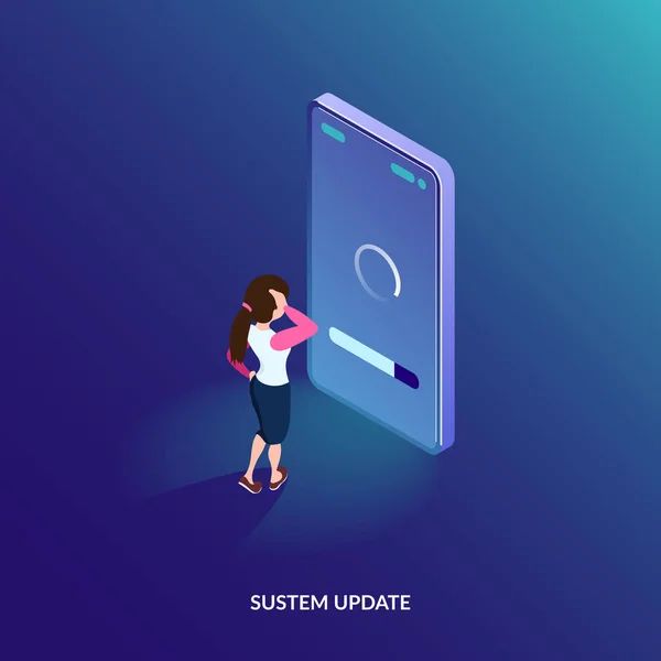 Isometric system update concept. Software update on mobile phone. The girl monitors the download process. Can use for web banner, infographics, hero images. — Stock Vector