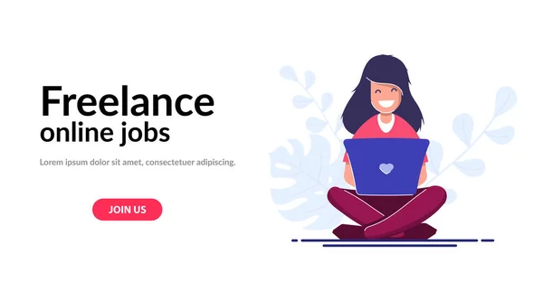 Έννοια freelance web πρότυπο. Κορίτσι με ένα φορητό υπολογιστή, υπάλληλος εργάζεται από το σπίτι ή όταν ταξιδεύετε. Εικονογράφηση για το site, αφίσας, εκτύπωση. — Διανυσματικό Αρχείο