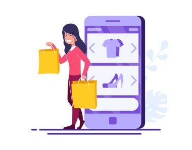 Online alışveriş vektör kavramı. Paketleri veya satın alma ile genç kız açık bir çevrimiçi mağaza ile bir cep telefonu arka plan üzerinde duruyor.