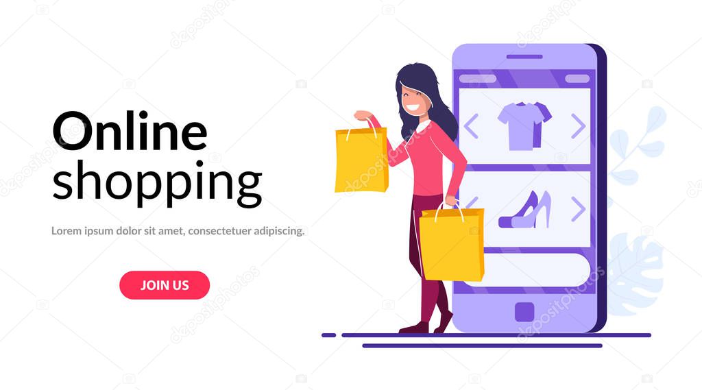 Online Shopping vector concept. Young girl with packages or purchases stands on the background of a mobile phone with an open online store.