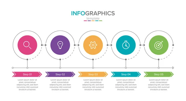 Modèle d'étiquette d'infographie vectorielle avec des icônes. 5 options ou étapes. Infographie pour concept d'entreprise. Peut être utilisé pour les graphiques d'information, organigrammes, présentations, sites Web, bannières, documents imprimés. — Image vectorielle