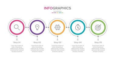 Simgeli vektör bilgi etiketi şablonu. 5 seçenek ya da adım. İş kavramı için bilgi grafikleri. Bilgi grafikleri, akış grafikleri, sunumlar, web siteleri, afişler, yazılı materyaller için kullanılabilir.