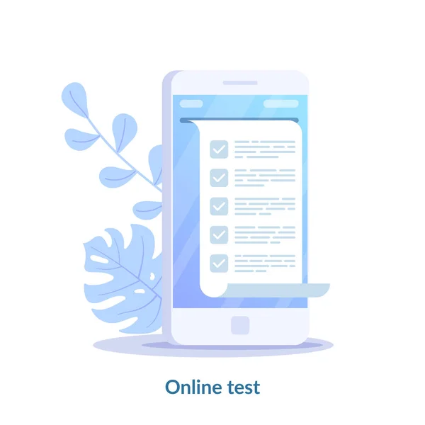 Online test concept. Computer quiz form on smartphone. Online to do list testing digital exam questionnaire result. Flat vector illustration isolated on white background. — Stock Vector