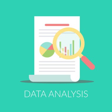 Veri analizi düz simgesi. Rapor belgesi. Infographic belgedeki. Grafik ve web tasarımı için izole vektör çizim.